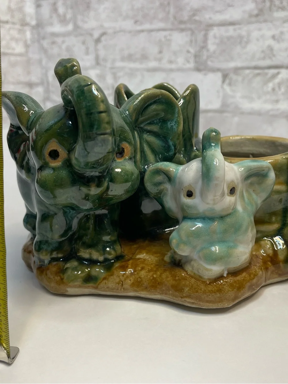 Vintage Majolica Lucky Elephant Double Planter Trunks Up Ceramic Rare HTF 6”